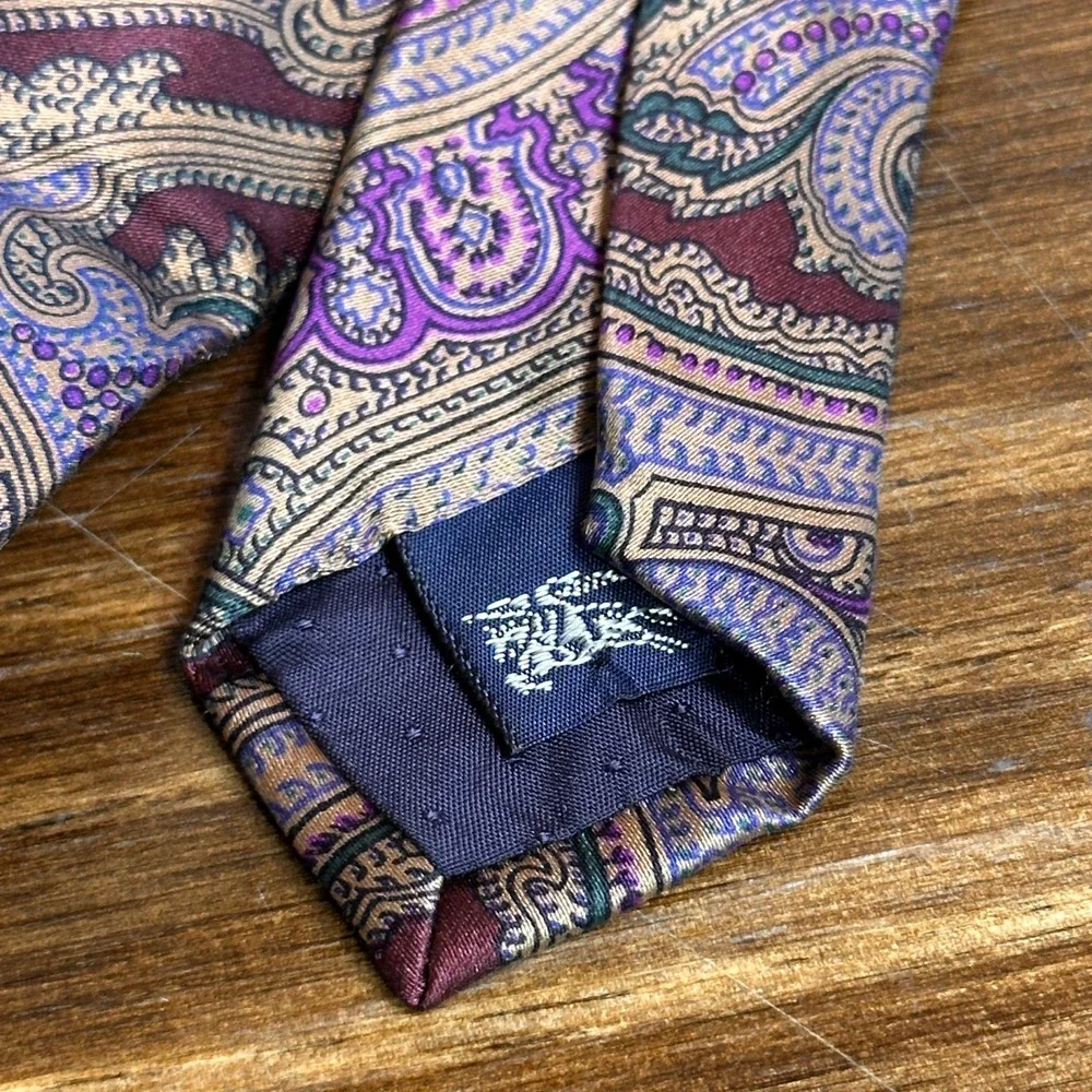 Vintage Burberry of London Silk Tie Burgundy Purple Paisley Men's Hand Sewn USA